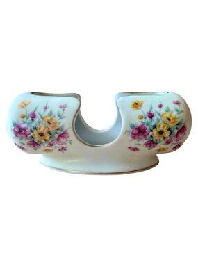 Vintage Lefton China Hand-Painted Floral Double Toothpick Holder With Gold Trim